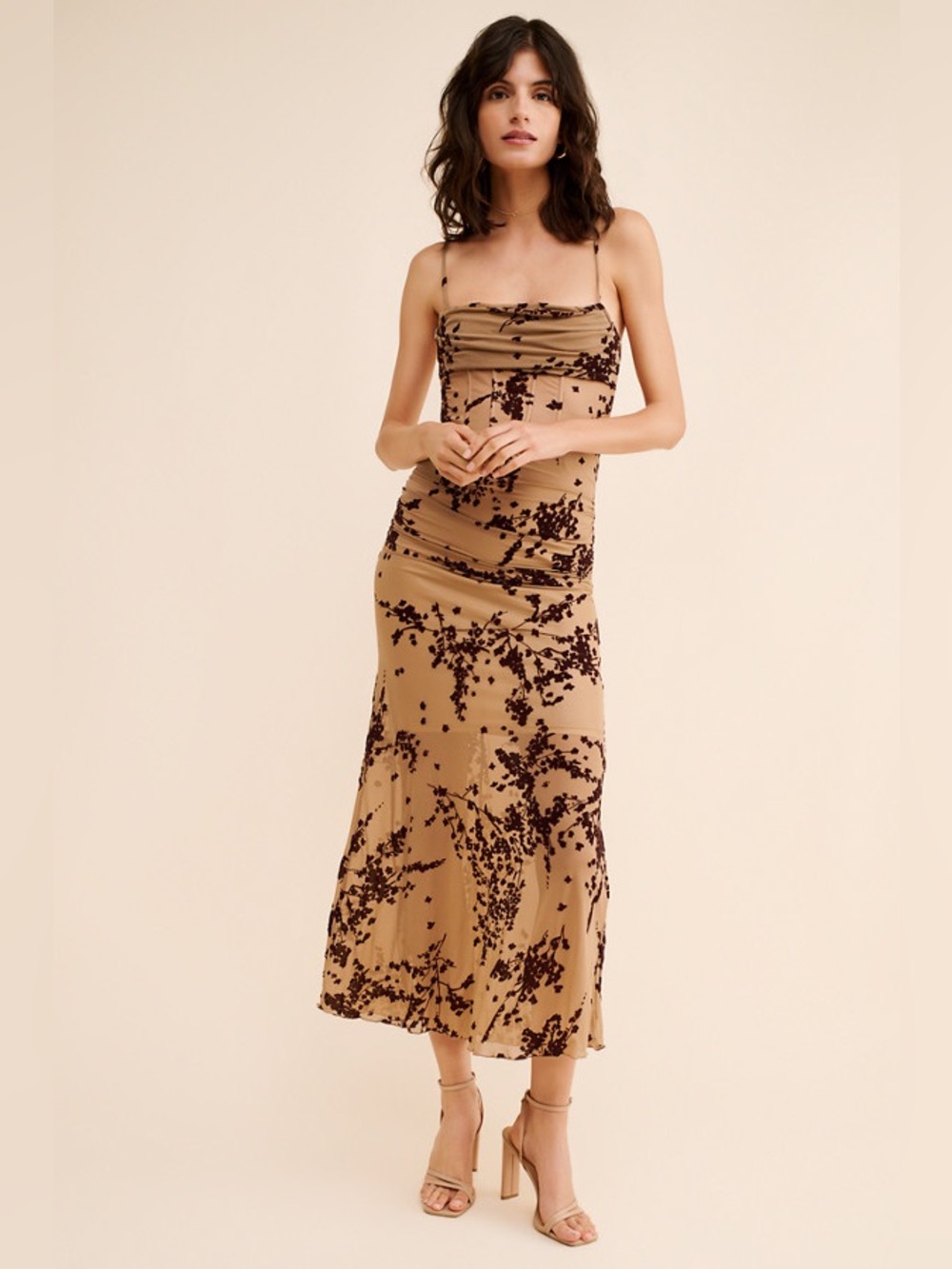 Rare London Burnout Maxi Corset Dress Brown-Beige Floral Slip